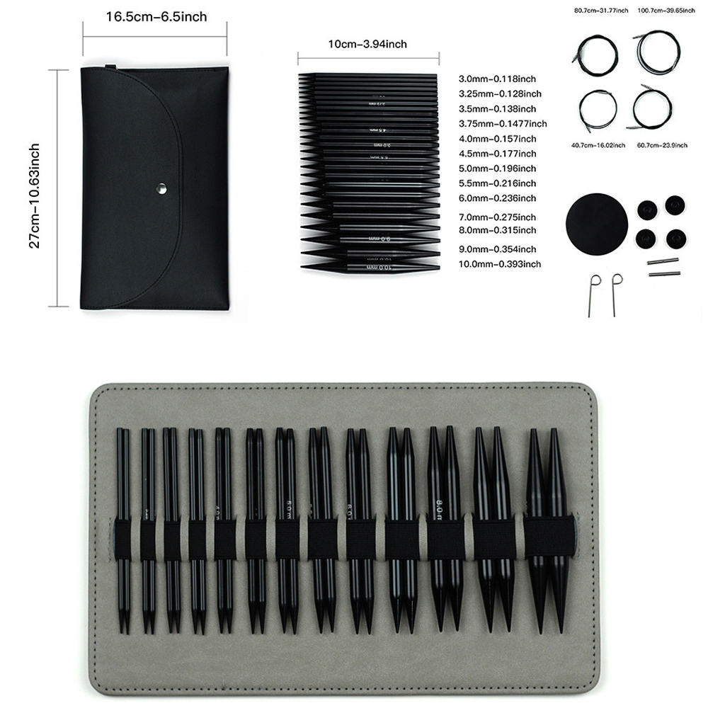 Knitting Needle Circular - 黒色の取り外し可能な円形酸化アルミニウム多機能セーター針、長さ10cm、交換可能なコードスリーブ付き、針サイズ3.0mm～10mm、13種類の仕様の円形針編みツールキット