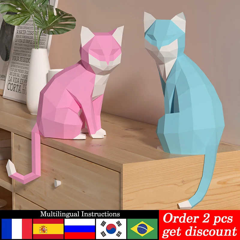 Art Craft Cardboard - 1 ペア愛好家猫動物装飾ホーム折り紙ピンクローポリ紙モデル、3D ペーパークラフトアート、手作り DIY ティーン大人クラフト RTY201